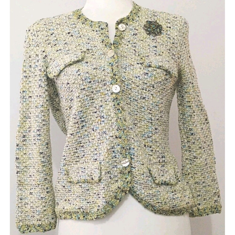Sigrid Olsen Lime Green Blue White 3/4 Sleeve Faux Pocket Cardigan Sz Sm Brooch